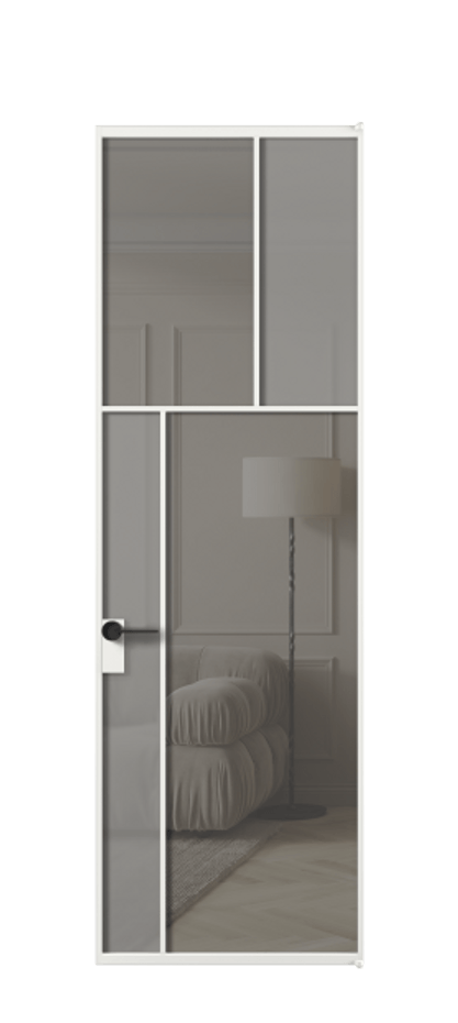 Межкомнатная дверь Мозаик АЛПЛ041.22 Алюминий белоснежный Сатинированное серое стекло, триплекс, 6 мм + Прозрачное серое стекло, триплекс Цена 170770 ₽ | Volhovec