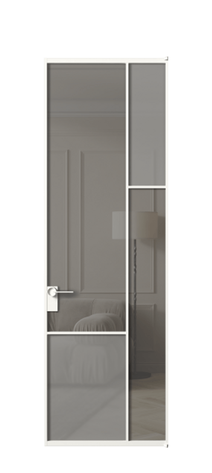 Межкомнатная дверь Мозаик АЛПЛ041.12 Алюминий Белый Сатинированное серое стекло, триплекс, 6 мм + Прозрачное серое стекло, триплекс Цена 160070 ₽ | Volhovec