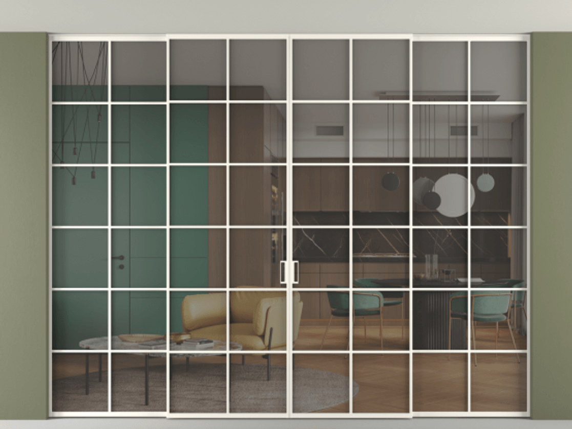 Перегородка Formato внутри проёма скрытое крепление в потолок 4 створки АЛПР 040.05 Алюминий пудровый белый Прозрачное серое стекло, триплекс Цена 557460 ₽ | Volhovec