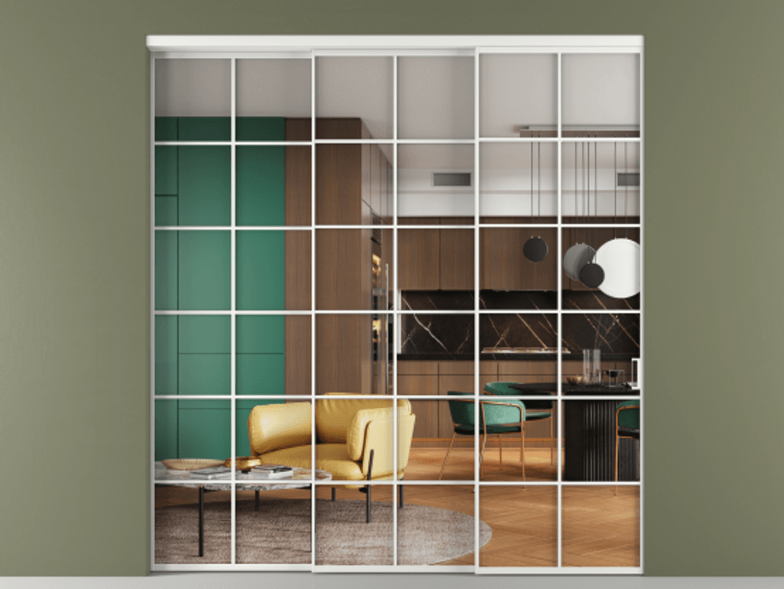 Перегородка Формато внутри проёма 3 створки с синхронным механизмом АЛПР 040.05 Алюминий белоснежный Прозрачное стекло "Кристал Вижн", калёное Цена 437000 ₽  | Volhovec