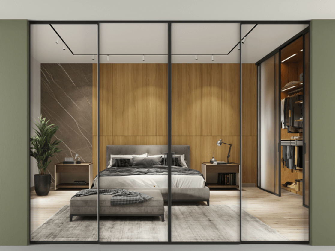 Перегородка Formato внутри проёма скрытое крепление в потолок 4 створки АЛПР 040.01 Алюминий Черный Двустороннее зеркало, триплекс , триплекс 6 мм Цена 484420 ₽ | Volhovec