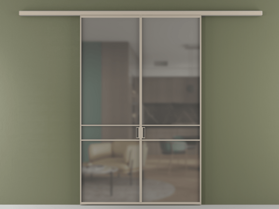 Перегородка Формато вдоль стены 2 створки АЛПР 040.02 Алюминий бисквитный Сатинированное серое стекло, триплекс Цена 233000 ₽ | Volhovec