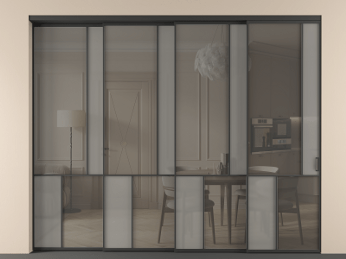 Перегородка Mosaic внутри проёма 4 створки с синхронным механизмом АЛПР 041.21 Алюминий Черный Сатинированное серое стекло, триплекс, 6 мм + Прозрачное серое стекло, триплекс Цена 560060 ₽ | Volhovec