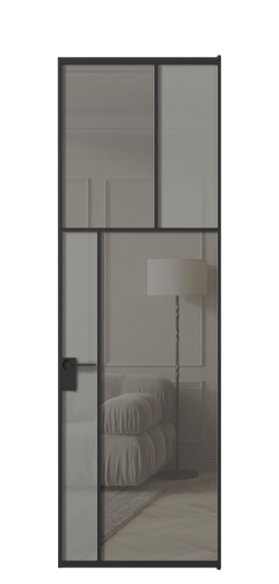 Дверь межкомнатная АЛПЛ041.22 ЧРН Серый сатин матовое + Серый прозрачное. Цвет Алюминий Черный. Материал Алюминий. Коллекция Мозаик. Картинка.