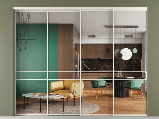 Алюминевая перегородка vn4_02 Crystalvision БЕЛ. Цвет Алюминий Белый. Материал Алюминий. Коллекция Перегородка Формато внутри проёма 4 створки с синхронным механизмом. Картинка.