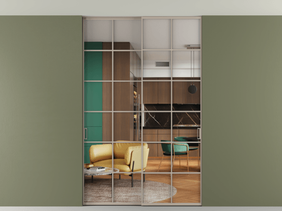 Алюминевая перегородка АЛПР 040.05_АБСК_Crystalvision_new. Цвет Алюминий бисквитный. Материал Алюминий в эмали. Коллекция Перегородка Formato внутри проёма скрытое крепление в потолок 2 створки. Картинка.