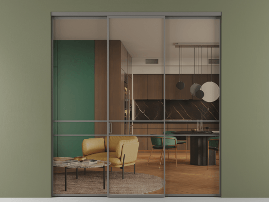 Алюминевая перегородка АЛПР 040.02_АКЛС_Бронза триплекс_new. Цвет Алюминий классический серый. Материал Алюминий в эмали. Коллекция Перегородка Формато внутри проёма 3 створки. Картинка.