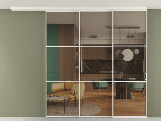 Алюминевая перегородка pv3_03_ Алюминий светло-серый Бронза прозрачное. Цвет Алюминий светло-серый. Материал Алюминий в эмали. Коллекция Перегородка Формато вдоль стены на потолок 3 створки с синхронным механизмом. Картинка.